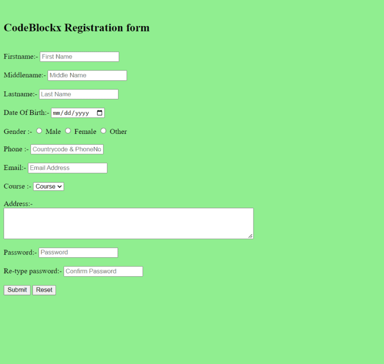 Registration form in HTML